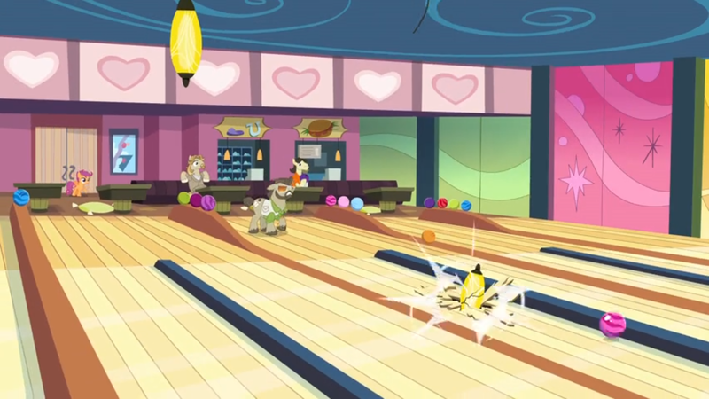 Size: 1600x900 | Tagged: safe, derpibooru import, screencap, apple bloom, colter sobchak, jeff letrotski, scootaloo, sweetie belle, theodore donald "donny" kerabatsos, earth pony, pegasus, pony, the big mac question, background pony, bowling alley, bowling ball, broken, ceiling light, cushion, cutie mark crusaders, distracted, door, female, filly, male, oops, shattered, stallion, the big lebowski, the dude, walter sobchak