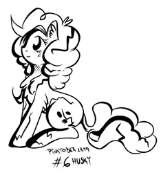 Size: 3322x3551 | Tagged: safe, artist:coco-drillo, derpibooru import, pinkie pie, earth pony, pony, content, cracks, expecting, inktober, inktober 2019, monochrome, pinktober, ponk, sitting, solo