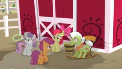 Size: 1600x900 | Tagged: apple bloom, barn, bucket, bucket of water, cutie mark crusaders, derpibooru import, fence, food, granny smith, levitation, looking up, magic, oh no, pail, pie, rocking chair, safe, scootaloo, screencap, shadow, shocked, sweetie belle, telekinesis, the big mac question