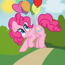 Size: 1024x1024 | Tagged: safe, artist:poofypegasus, derpibooru import, pinkie pie, earth pony, pony, balloon, cute, diapinkes, female, floating, heart balloon, looking back, mare, smiling, solo, sun, then watch her balloons lift her up to the sky