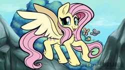 Size: 3840x2160 | Tagged: safe, artist:shibaroll, deleted from derpibooru, derpibooru import, fluttershy, butterfly, pegasus, pony, chest fluff, cute, ear fluff, female, flutters, leg fluff, looking at you, mare, open mouth, outdoors, rock, shyabetes, sky, smiling, solo, spread wings, three quarter view, tree, two toned wings, wings