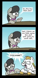 Size: 1311x2665 | Tagged: safe, artist:bobthedalek, derpibooru import, bulk biceps, octavia melody, earth pony, pegasus, pony, the big mac question, bulktavia, comic, date, dialogue, female, gritted teeth, hooves, male, mare, shipping, shipping denied, speech bubble, stallion, startled, straight, yeah!!!!!!!!, yelling