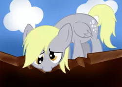 Size: 1427x1024 | Tagged: safe, artist:sharkcastic, derpibooru import, derpy hooves, pegasus, pony, the last roundup, anything i can do to help, cute, derpabetes, female, looking down, mare, scene interpretation, solo