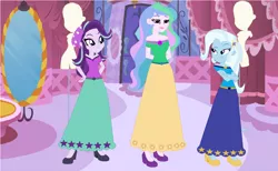 Size: 1120x690 | Tagged: safe, artist:starman1999, derpibooru import, princess celestia, starlight glimmer, trixie, equestria girls, base used, clothes, long skirt, skirt