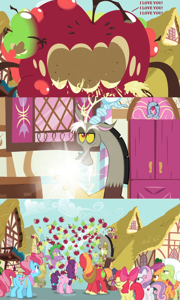 Size: 1600x2664 | Tagged: apple, apple bloom, apple monster, applesauce, big macintosh, comic, conversion, cup cake, cutie mark crusaders, derpibooru import, dialogue, disappointed, discord, dragon, edit, edited screencap, finger snap, flashing lights, food, fusion, giant apple, granny smith, house, magic, message, monster, ponyville, safe, scootaloo, screencap, screencap comic, spike, spitting, sugar belle, sweetie belle, the big mac question, unamused, upset, winged spike