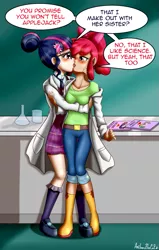 Size: 653x1024 | Tagged: suggestive, alternate version, artist:anibaruthecat, derpibooru import, apple bloom, rainbow dash, rarity, sci-twi, scootaloo, sweetie belle, twilight sparkle, equestria girls, breasts, clothes, cutie mark crusaders, dialogue, female, kissing, lab coat, lesbian, making out, rariloo, shipping, sweetiedash, twibloom