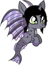 Size: 885x1206 | Tagged: safe, artist:lightningbolt, derpibooru import, ponified, ponified:kellin quinn, pony, siren, .svg available, baby, baby siren, colored hooves, curved horn, fangs, fins, fish tail, horn, scales, simple background, sleeping with sirens, slit eyes, solo, svg, transparent background, vector, younger
