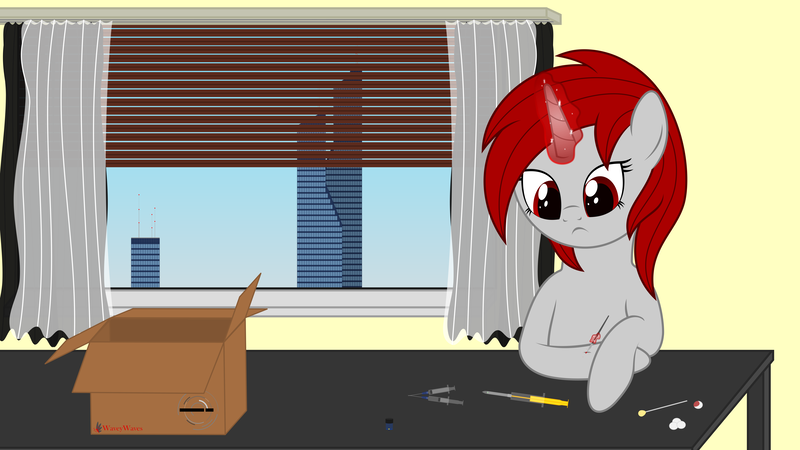 Size: 10000x5625 | Tagged: safe, artist:waveywaves, derpibooru import, oc, oc:waves, unofficial characters only, pony, blood, implants, magnet, needle, scalpel, skyscraper, syringe, tritium