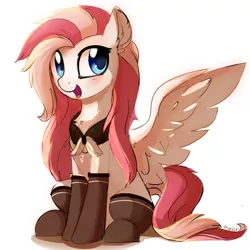 Size: 900x900 | Tagged: safe, artist:aureai, derpibooru import, oc, oc:aureai, unofficial characters only, pegasus, pony, blushing, chest fluff, clothes, ear fluff, female, fluffy, happy, mare, open mouth, scarf, simple background, sitting, socks, solo, spread wings, white background, wings