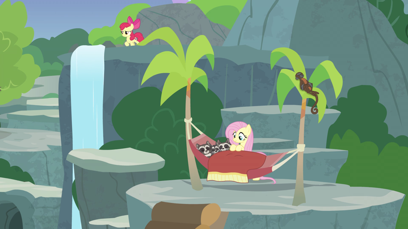 Size: 2020x1136 | Tagged: safe, derpibooru import, screencap, apple bloom, fluttershy, smoky, smoky jr., softpad, earth pony, monkey, pegasus, pony, raccoon, spider monkey, the big mac question, female, filly, foal, hammock, mare, palm tree, sweet feather sanctuary, tree, waterfall