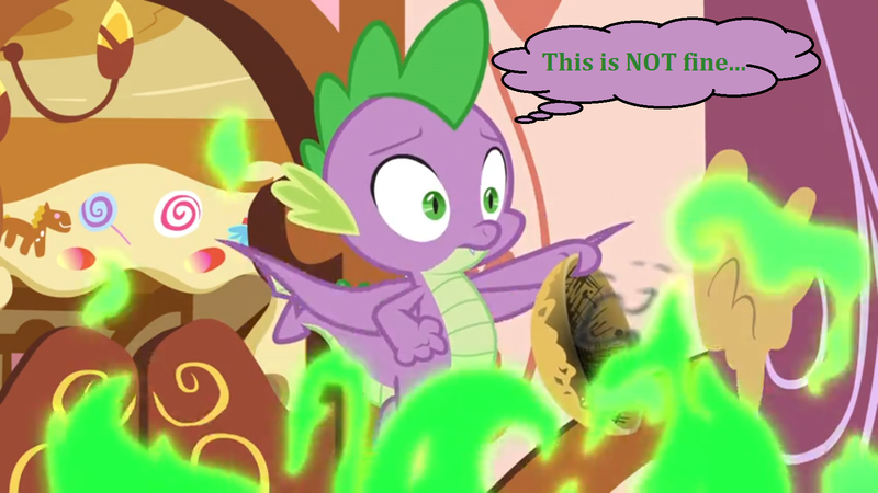 Size: 1600x900 | Tagged: derpibooru import, dragon, edit, edited screencap, fire, green fire, idiot, kitchen, meme, now you fucked up, oops, safe, scorched, screencap, solo, spike, subverted meme, the big mac question, this is fine, thought bubble, uh oh, winged spike