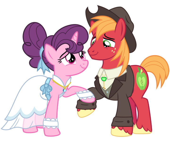 Size: 3600x3000 | Tagged: safe, artist:cheezedoodle96, derpibooru import, big macintosh, sugar belle, earth pony, pony, unicorn, the big mac question, .svg available, bolo tie, clothes, cowboy hat, cute, dress, eye contact, female, hat, holding hooves, husband and wife, jewelry, lidded eyes, looking at each other, male, mare, marriage, ring, shipping, shirt, simple background, smiling, stallion, straight, sugarmac, suit, svg, transparent background, vector, vest, wedding, wedding dress, wedding ring