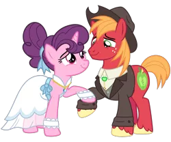 Size: 3600x3000 | Tagged: safe, artist:cheezedoodle96, derpibooru import, big macintosh, sugar belle, earth pony, pony, unicorn, the big mac question, .svg available, bolo tie, clothes, cowboy hat, cute, dress, eye contact, female, hat, holding hooves, husband and wife, jewelry, lidded eyes, looking at each other, male, mare, marriage, ring, shipping, shirt, simple background, smiling, stallion, straight, sugarmac, suit, svg, transparent background, vector, vest, wedding, wedding dress, wedding ring