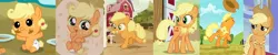 Size: 2492x500 | Tagged: safe, derpibooru import, edit, edited screencap, screencap, applejack, earth pony, pony, apple family reunion, going to seed, the last problem, the last roundup, the one where pinkie pie knows, where the apple lies, age progression, apple fritter (food), baby, baby picture, baby pony, babyjack, cute, diaper, female, fence, filly, filly applejack, foal, food, granny smith's scarf, jackabetes, looking at you, older, older applejack, open mouth, outfit catalog, smiling, solo, sweet apple acres, teenage applejack, teenager, younger
