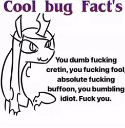 Size: 998x1024 | Tagged: artist:jargon scott, changeling, changeling queen, cool bug facts, derpibooru import, facts, female, fuck you, grammar error, idiot, insult, meme, ponified meme, queen chrysalis, safe, solo, vulgar, you