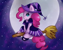 Size: 2912x2312 | Tagged: safe, artist:tuxisthename, derpibooru import, pinkie pie, earth pony, pony, broom, clothes, cute, diapinkes, female, flying, flying broomstick, full moon, halloween, hat, high res, holiday, mare, moon, night, profile, sitting, sky, solo, stars, witch, witch costume, witch hat
