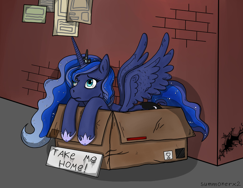 Size: 4800x3714 | Tagged: safe, artist:summonerx2, derpibooru import, princess luna, alicorn, pony, adoption, box, bronybait, commission, cute, female, homeless, lunabetes, mare, pony in a box, sad, solo, ych result