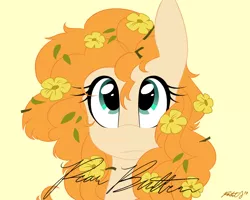 Size: 900x720 | Tagged: safe, artist:pastel-script, derpibooru import, pear butter, earth pony, pony, bust, buttercup, cute, female, flower, flower in hair, mare, pearabetes, portrait, signature, simple background, solo, yellow background