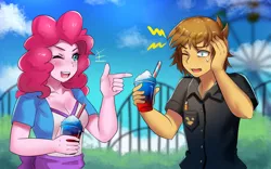 Size: 800x500 | Tagged: safe, artist:tzc, derpibooru import, pinkie pie, oc, equestria girls, brain freeze, breasts, busty pinkie pie, cleavage, clothes, food, one eye closed, open mouth, pointing, roller coaster, shaved ice, smiling, theme park, wink