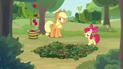 Size: 1280x720 | Tagged: safe, derpibooru import, screencap, apple bloom, applejack, pony, going to seed, apple, apple tree, food, leaves, pit trap, tree