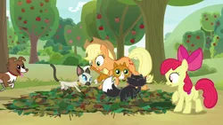 Size: 1280x720 | Tagged: safe, derpibooru import, screencap, apple bloom, applejack, winona, cat, dog, earth pony, pony, siamese cat, going to seed, apple, apple tree, collar, dog collar, female, filly, foal, food, mare, pit trap, tree