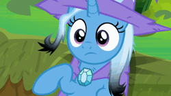Size: 710x400 | Tagged: safe, derpibooru import, screencap, trixie, pony, a horse shoe-in, air quotes, animated, cape, careless, clothes, female, hat, mare, raised eyebrow, reckless, singed, solo, trixie's cape, trixie's hat