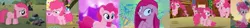 Size: 4392x499 | Tagged: safe, derpibooru import, screencap, madame le flour, pinkie pie, sir lintsalot, earth pony, pony, party of one, rainbow roadtrip, the cutie mark chronicles, the last problem, too many pinkie pies, abstract background, clone, cropped, cute, deranged, diapinkes, dust bunny, female, filly, filly pinkie pie, grin, hat, mare, messy mane, microphone, older, older pinkie pie, party hat, pinkamena diane pie, pinkie clone, pronking, sad, slasher smile, smiling, solo, wall eyed, younger