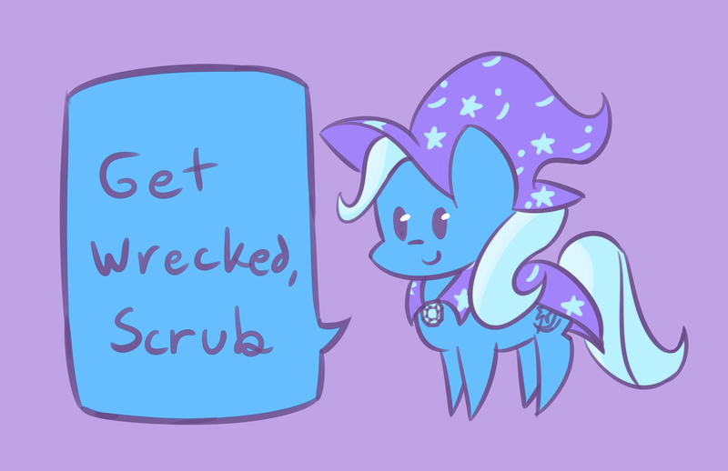 Size: 2550x1650 | Tagged: safe, artist:anonymous, derpibooru import, trixie, pony, unicorn, cute, demotivational, dialogue, diatrixes, dissonant caption, get rekt, purple background, scrub, simple background, solo, speech bubble, style emulation, text