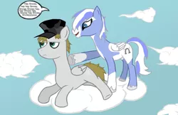 Size: 1117x725 | Tagged: safe, artist:theguythataidspeople, derpibooru import, oc, oc:silver, oc:snowball, pegasus, pony, annoying orange, cloud, female, hat, male, mare, speech bubble, stallion, text