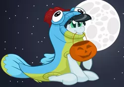 Size: 1070x747 | Tagged: safe, artist:cadetredshirt, derpibooru import, oc, unofficial characters only, earth pony, fish, pony, animal costume, clothes, commission, costume, fish costume, full body, full moon, gradient background, halloween, halloween costume, holiday, male, moon, mouth hold, night, nightmare night, nightmare night costume, pumpkin, pumpkin bucket, simple background, sitting, sky, solo, stallion, stars, trick or treat, trick or treating, ych result, your character here