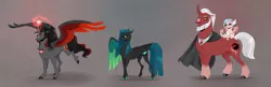 Size: 5500x1775 | Tagged: safe, artist:vindhov, derpibooru import, cozy glow, king sombra, lord tirek, queen chrysalis, ponified, alicorn, dragon, pegasus, pony, unicorn, alicorn amulet, alicornified, alternate universe, antagonist, baby, baby dragon, beard, cape, clothes, colored hooves, colored wings, curved horn, description is relevant, dragonified, facial hair, female, glowing horn, gray background, green wings, horn, male, mare, nose piercing, nose ring, piercing, quartet, race swap, realistic horse legs, red wings, sideburns, simple background, snip (coat marking), socks (coat marking), sombracorn, species swap, spread wings, stallion, wings