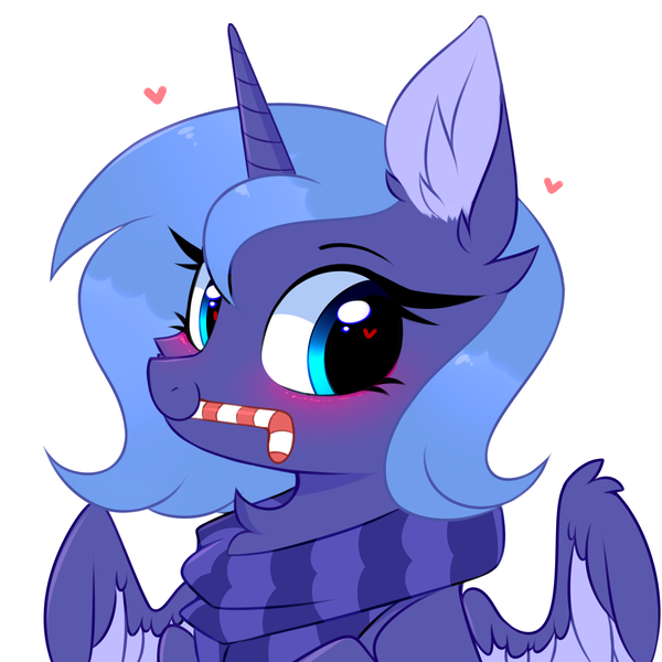 Size: 3000x3000 | Tagged: safe, artist:pesty_skillengton, derpibooru import, princess luna, alicorn, pony, blushing, bust, chest fluff, clothes, cute, ear fluff, female, heart, heart eyes, looking at you, lunabetes, mare, portrait, s1 luna, scarf, simple background, solo, sweat, two toned wings, white background, wing fluff, wingding eyes, wings