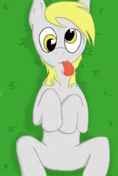 Size: 1000x1500 | Tagged: safe, artist:theguythataidspeople, derpibooru import, derpy hooves, pegasus, pony, female, grass, mare, on back, tongue out, wingless