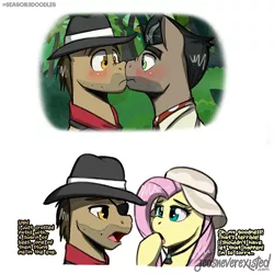 Size: 1024x1024 | Tagged: safe, artist:jcosneverexisted, derpibooru import, biff, doctor caballeron, fluttershy, pony, daring doubt, blushing, boop, cabiff, clothes, eyepatch, female, gay, hat, henchmen, injured, looking at each other, male, noseboop, scene interpretation, season 9 doodles, shipping, text