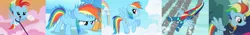 Size: 3444x480 | Tagged: safe, derpibooru import, screencap, rainbow dash, pegasus, pony, parental glideance, the cutie mark chronicles, the last problem, age progression, baby, baby dash, clothes, cloud, cloudy, colt, female, filly, flying, goggles, male, mare, older, older rainbow dash, opening, rainbow, sky, solo, theme song, uniform, wonderbolts, wonderbolts uniform, younger