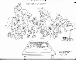 Size: 2468x1972 | Tagged: alicorn, allspark pictures, applejack, artist:newportmuse, black and white, cake, derpibooru import, fluttershy, food, grayscale, mane seven, mane six, monochrome, pinkie pie, princess celestia, princess luna, rainbow dash, rarity, safe, signature, spike, text, that's a wrap, traditional art, twilight sparkle, twilight sparkle (alicorn), wip