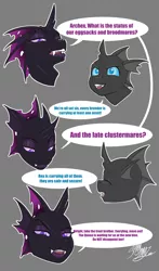 Size: 2000x3410 | Tagged: artist:spamjamz, blue sclera, breeder, changeling, changeling oc, colored sclera, comic, cuteling, derpibooru import, disembodied head, gray background, lidded eyes, oc, oc:archex, oc:nymphet, purple changeling, purple eyes, purple sclera, simple background, speech bubble, suggestive, talking, unofficial characters only