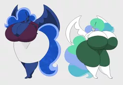 Size: 975x675 | Tagged: anthro, artist:two-ton-neko, big breasts, breasts, busty princess celestia, busty princess luna, butt, cleavage, curvy, derpibooru import, duo, duo female, expansion, female, females only, fetish, hourglass figure, huge breasts, huge butt, impossibly large breasts, impossibly large butt, impossibly wide ass, impossibly wide hips, impossibly wide thighs, large butt, long tail, plantigrade anthro, princess celestia, princess luna, simple background, size difference, suggestive, tight clothing, wide hips
