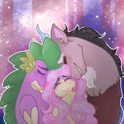 Size: 768x768 | Tagged: safe, artist:fluttershyfilly-yay, derpibooru import, discord, fluttershy, spike, draconequus, dragon, pegasus, pony, abstract background, bisexual, blushing, cute, discoshy, discute, dispike, eyes closed, female, fluttershy gets all the dudes, fluttershy gets all the stallions, flutterspike, flutterspikecord, gay, gay in front of girls, group hug, happy, hug, male, mare, nuzzling, older, older spike, ot3, polyamory, shipping, shyabetes, smiling, spikabetes, straight, winged spike
