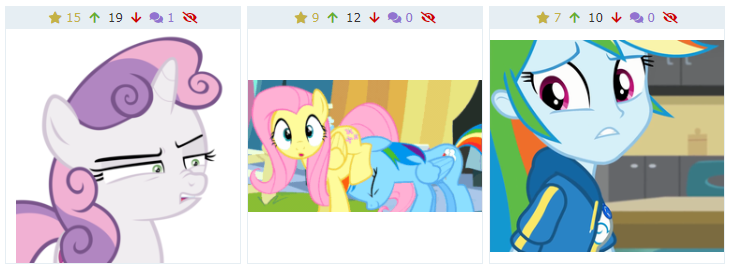 Size: 730x270 | Tagged: safe, derpibooru import, edit, edited screencap, screencap, fluttershy, rainbow dash, sweetie belle, pony, derpibooru, equestria girls, equestria girls series, disgusted, faic, juxtaposition, juxtaposition win, meme, meta, triple juxaposition, vector