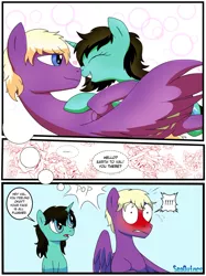 Size: 1280x1707 | Tagged: safe, artist:wolftenpr0nz, derpibooru import, oc, pegasus, pony, unicorn, comic, comic strip, cuddling, cute, daydream, fantasizing, female, male, seaquines, webcomic, wholesome