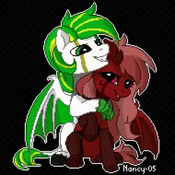 Size: 1900x1900 | Tagged: safe, artist:nancy-05, derpibooru import, oc, oc:white night, unofficial characters only, demon, pony, black background, black hooves, horn, looking at each other, pixel art, simple background, smiling