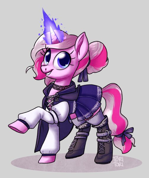 Size: 1719x2048 | Tagged: safe, artist:ohjeetorig, derpibooru import, oc, oc:honningbrew, unofficial characters only, pony, unicorn, boots, cloak, clothes, commission, cute, female, glowing horn, hair bun, horn, magic, magic aura, mare, miniskirt, pleated skirt, shoes, skirt, socks, solo, thigh highs