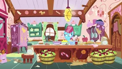 Size: 1920x1080 | Tagged: safe, derpibooru import, screencap, cup cake, pony, the big mac question, apple, batter, bowl, flour, food, pie, solo, sugarcube corner