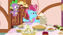 Size: 1920x1080 | Tagged: safe, derpibooru import, screencap, cup cake, spike, dragon, earth pony, pony, the big mac question, apple, baby, baby dragon, baking, bowl, claws, female, flour, flying, food, male, mare, mrs. cake is not amused, narrowed eyes, paper, pie, raised eyebrow, scrunchy face, unamused, winged spike