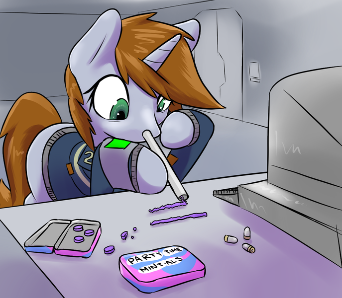 Size: 1230x1074 | Tagged: semi-grimdark, artist:fluor1te, derpibooru import, oc, oc:littlepip, unofficial characters only, pony, unicorn, fallout equestria, fanfic, bullet, clothes, desk, drug use, drugs, fanfic art, female, hooves, horn, mare, mint-als, party time mintals, pipbuck, sniffing, snorting, solo, terminal, tired, vault, vault suit, wired