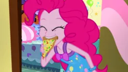 Size: 1920x1080 | Tagged: safe, derpibooru import, screencap, pinkie pie, equestria girls, rainbow rocks, bed, clothes, cute, diapinkes, eyes closed, female, food, happy, mouth hold, pajamas, pinkie being pinkie, pinkie's bedroom, pizza, sleeveless, solo, you're doing it wrong