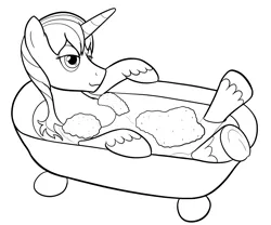 Size: 2400x2000 | Tagged: safe, artist:cybersquirrel, derpibooru import, shining armor, pony, bath, bathtub, bubble bath, inktober, inktober 2019, monochrome, simple background, solo, wet, wet mane, white background