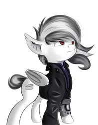 Size: 2124x2694 | Tagged: safe, artist:qbellas, derpibooru import, oc, bat pony, pony, bat pony oc, bat wings, clothes, inktober, inktober 2019, jacket, monochrome, solo, wings