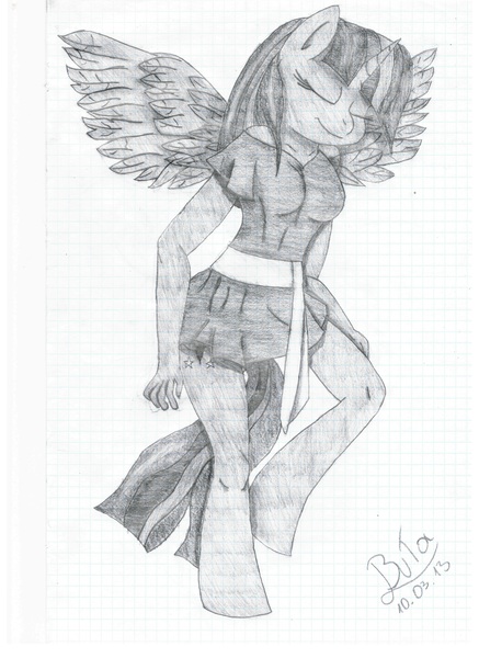 Size: 5111x7023 | Tagged: alicorn, anthro, artist:cypisek95, black and white, derpibooru import, eyes closed, female, graph paper, grayscale, hooves, horn, monochrome, safe, simple background, solo, spread wings, traditional art, twilight sparkle, twilight sparkle (alicorn), white background, wings